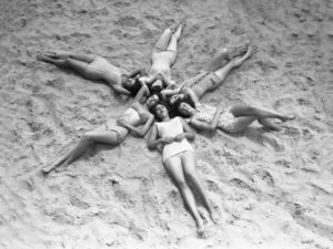 Women in the Sand, women, beach, vintage photography, black and white, swimsuit, geometric, summer, relaxation, friends, overhead, retro