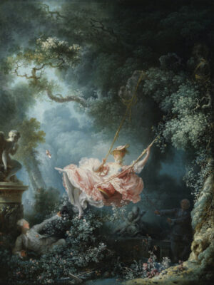 The Swing by Jean-Honoré Fragonard, rococo, swing, garden, romantic, lush landscape, elegant, couple, french art, flowers, whimsical, classical, 18th century