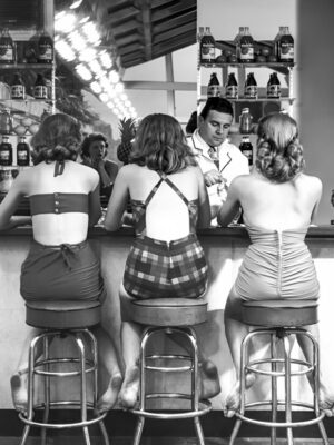 Women at the Juice Bar, juice bar, vintage photography, women, swimsuits, black and white, soda fountain, retro, summer, candid, social, mid century