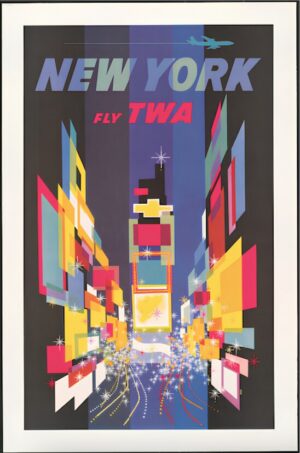 New York Fly TWA Poster, new york, twa, travel poster, vintage travel, airline, mid century, graphic design, cityscape, times square, modernist, retro, advertisement