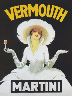 Martini Vermouth, vermouth, Martini, vintage advertisement, Italian poster, elegant woman, flapper, Art Deco, fashion, cocktail, glamorous, vintage alcohol advertising, white dress, wide brim hat, Italy, home bar, retro decor, sophisticated, martini glass, vintage illustration, graphic design, 1920s, stylish, black background
