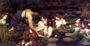 Hylas and the Nymphs by John William Waterhouse, hylas and the nymphs, pre raphaelite, nymphs, mythology, water lilies, pond, figurative, fantasy, classical, romantic, water, enchantment