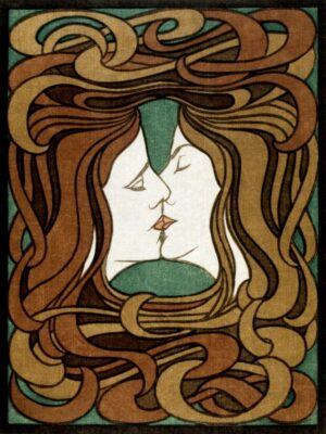 The Kiss by Peter Behrens, Art Nouveau, art nouveau, kiss, lovers, couple, romance, flowing hair, decorative, gay, queer, stylized faces, minimal, color block, vintage illustration, intimate, ornamental