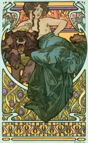 Woman with Bear by Alphonse Mucha, art nouveau, woman, bear, nude, figurative, decorative poster, flowing robes, ornamental border, vintage illustration, mythology, green drapery, bohemian