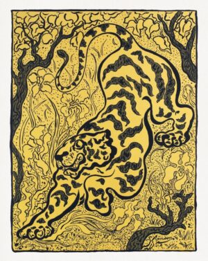 Tiger Illustration, tiger, big cat, wildlife, art nouveau, vintage illustration, jungle, feline, striped tiger, decorative, nature, botanical border, animal art, japanese, graphic illustration