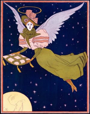 Vanity Fair by Ralph Meriman, angel, reading, book, halo, wings, stars, moon, celestial, fantasy, art nouveau, vintage illustration, night sky, whimsical, ethereal