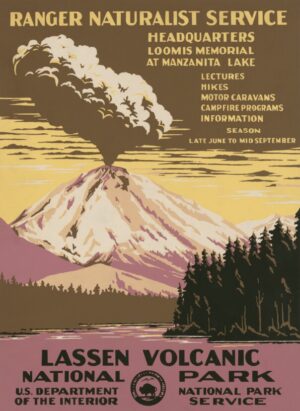 Lassen Volcanic National Park Poster, lassen volcanic national park, travel poster, vintage poster, volcano, national park, mountains, landscape, outdoors, forest, retro, adventure, wpa
