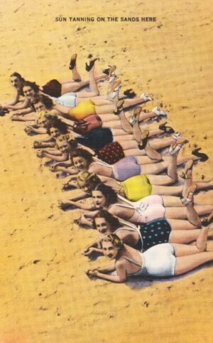 Sun Tanning on the Sands Here, vintage beach, swimsuits, bathing beauties, summer, retro, beach, 1950s, colorful, vacation, seaside, playful, nostalgia