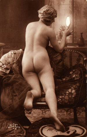 Vintage Nude With Mirror, vintage photography, nude, female portrait, artistic nude, mirror, sepia, early photography, figure, classic, editorial, antique