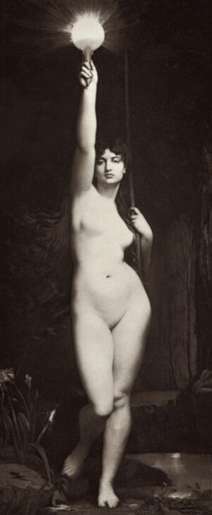 The Truth by Jules Joseph Lefebvre, truth, light, torch, nude, female figure, allegory, symbolism, classical art, vintage photography, black and white, mythology, figurative, ethereal