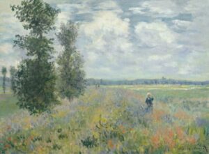 Poppy Fields near Argenteuil by Claude Money, Wildflower Meadow, monet, impressionism, wildflowers, meadow, landscape, countryside, flowers, trees, sky, peaceful, nature, french painting, spring