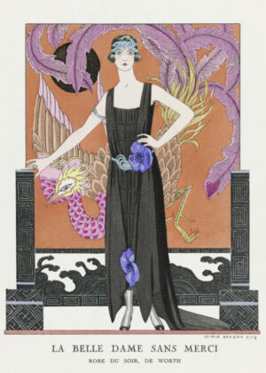 La Belle Dame Sans Merci by George Barbier, art deco, fashion illustration, george barbier, elegant woman, 1920s, couture, vintage fashion, stylish, decorative, feminine, roaring twenties