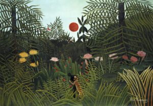 Virgin Forest with Setting Sun by Henri Rousseau, jungle, tropical, exotic, naive art, lush foliage, sun, plants, botanical, fantasy, greenery, nature