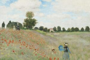 Poppy Field Near Argenteuil by Claude Monet, monet, poppy field, impressionism, flowers, countryside, landscape, blue umbrella, french painting, summer, nature, peaceful