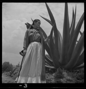 Frida Kahlo Beside Agave Plant, frida kahlo, agave, mexico, portrait, vintage photography, botanical, desert plant, artist, black and white, nature, traditional dress, iconic