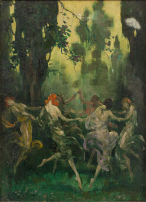 Circle Dance in the Forest, warren davis, women dancing, forest, dance, figurative, woodland, mystical, romantic, impressionism, green, nature, ethereal