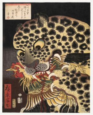 The Tiger of Ryōkoku by Utagawa Hirokage, Leopard Attacking a Rooster, leopard, rooster, big cat, japanese woodblock, wildlife, animal art, vintage illustration, predator, asian art, dramatic, japan