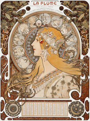 La Plume Zodiac Calendar by Alphonse Mucha, la plume, mucha, zodiac, art nouveau, calendar, woman, figurative, astrology, decorative, french poster, paris, belle epoque
