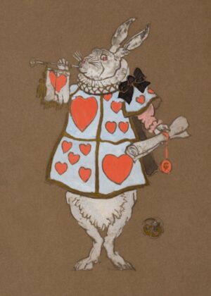 White Rabbit Herald, alice in wonderland, white rabbit, lewis carroll, storybook, whimsical, fantasy, rabbit, vintage illustration, hearts, playing cards, classic