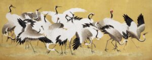 Japanese Cranes Folding Screen, japanese cranes, cranes, birds, japanese art, folding screen, wildlife, nature, east asian art, gold background, bird illustration, traditional