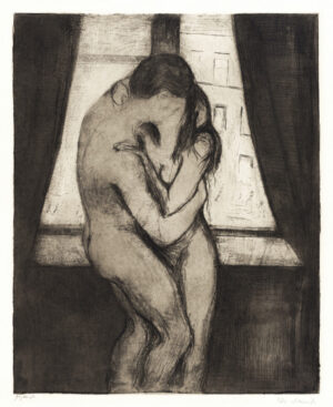 The Kiss by Edvard Munch, the kiss, lovers, embrace, figurative, expressionism, romantic, intimacy, couple, black and white, fine art, love, romance