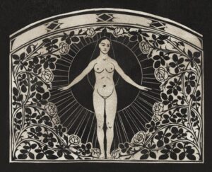 Art Nouveau Nude with Roses, art nouveau, nude, female figure, figurative, black and white, decorative, roses, vintage illustration, minimal, line art