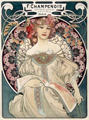 F. Champenois Poster by Alphonse Mucha, f champenois, mucha, art nouveau, woman, flowers, decorative, french poster, vintage advertising, figurative, ornate, paris, belle epoque